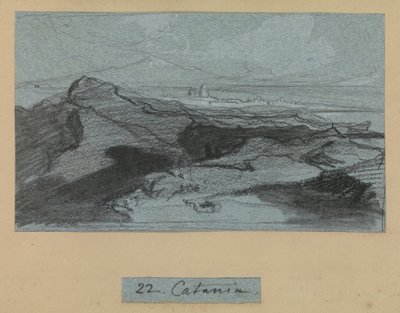 カターニア、シチリア島の景色（青い紙にチョークとガッシュ） 作： Edward Lear