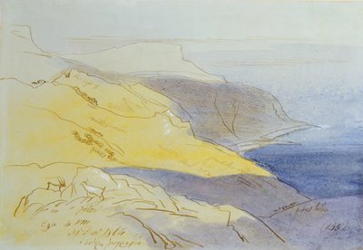 海岸の風景、エザ、1864年（紙、トイレ、ペン、インク） 作： Edward Lear