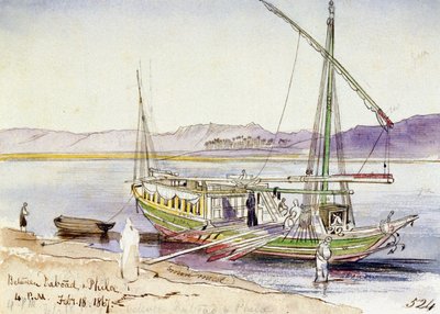 ダボードとフィラの間、ナイル川岸に停泊するエジプト船（エジプト）。水彩画 作： Edward Lear