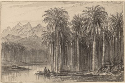 椰子の木立からカヌーで出発する人物 (Wady Feiran) 作： Edward Lear