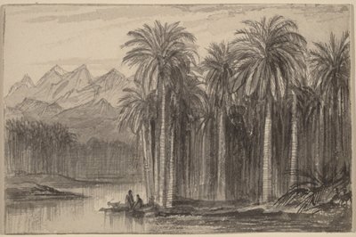 ヤシの木立からカヌーで出航する人々の姿（ワディ・フェイラン） 作： Edward Lear