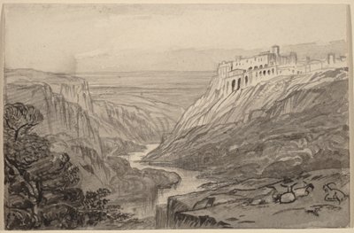 川の渓谷の上で休むヤギたち（ナルニ、イタリア） 作： Edward Lear