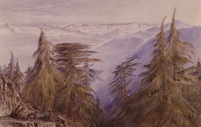 北インド、シムラー近郊の岩場にいるサルたち 作： Edward Lear