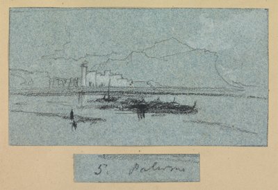 パレルモ、シチリア島の景色（青い紙にチョークとガッシュ） 作： Edward Lear