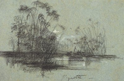 シチリア島のビューからのアナパスのパピルス（青い紙に黒いチョークとボディカラー） 作： Edward Lear