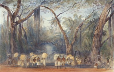 マラバルのカリカット近郊の道を行く人々 作： Edward Lear