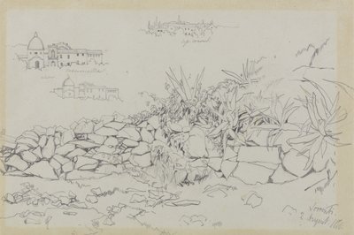 ソレント、1838年8月2日（灰色の網目紙にグラファイト） 作： Edward Lear