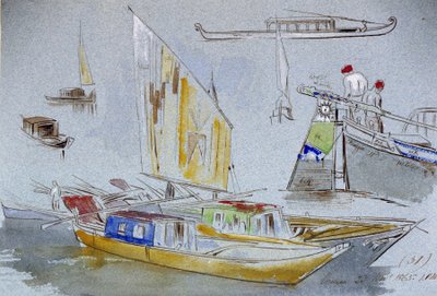 ヴェネチアン・ボートの習作。エドワード・リア（1812-1888）による水彩画。 作： Edward Lear