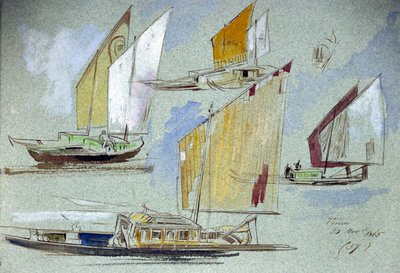 満帆のヴェネチアン・ボートの習作。エドワード・リア（1812-1888）による水彩画。 作： Edward Lear