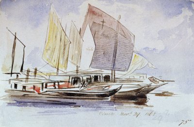 ベネチアン・ボートの習作、総帆、右舷からの眺め。エドワード・リア（1812-1888）による水彩画。 作： Edward Lear