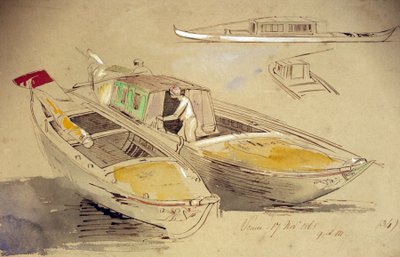 海岸に浮かぶヴェネチアン・ボートの習作。エドワード・リア（1812-1888）による水彩画。 作： Edward Lear