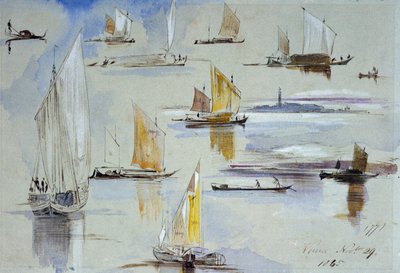 ヴェネチアン・ボートの習作、注釈付き。エドワード・リア（1812-1888）の絵画 作： Edward Lear