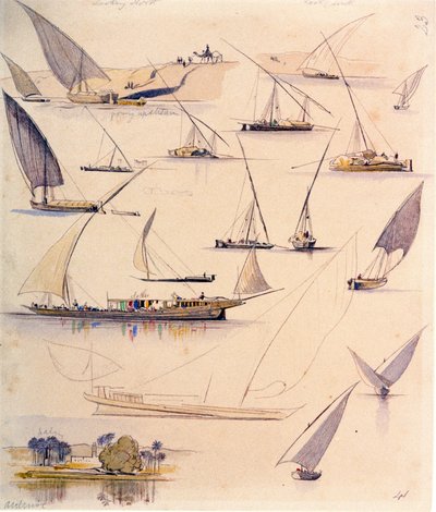 様々なエジプトの船の習作。水彩画 作： Edward Lear