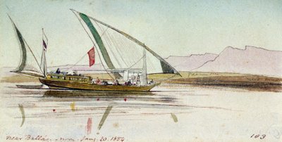 バラス（エジプト）近郊のナイル川に浮かぶジャッシ（エジプト船）の習作。水彩画 作： Edward Lear