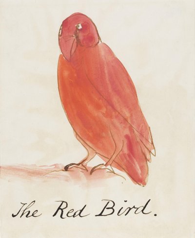 コミックバードの16の絵からの赤い鳥（紙にペンとインクのトイレ） 作： Edward Lear