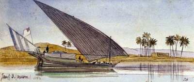 ナイル川の岸辺（エジプト）、通り過ぎる大きなジャッシー。カラー水彩画 作： Edward Lear