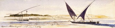 ダハビーヤを含む2隻の伝統的なエジプト船。カラー水彩画 作： Edward Lear