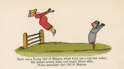 1875年頃、ロンドンのフレデリックウォーンアンドカンパニー発行の「A Book of Nonsense」から、叔母が非常に速い歩行者だったマヨルカの少女がいました。 作： Edward Lear