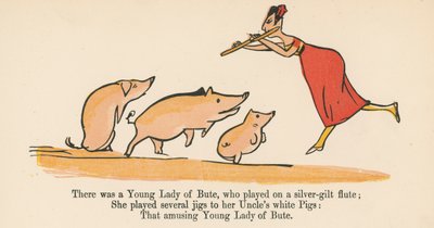 1875年にロンドンのフレデリックウォーンアンドカンパニーが発行した 『A Book of Nonsense』から、銀色のフルートで演奏した若い女性のビュートがいました。 作： Edward Lear