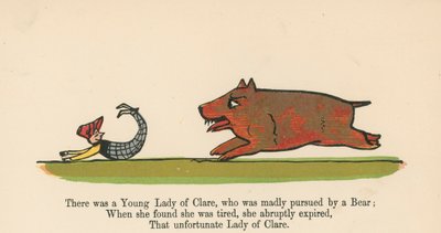 1875年にロンドンのフレデリックワーンアンドカンパニーから出版された「A Book of Nonsense」からクマに猛烈に追われたクレアの若い女性がいました。 作： Edward Lear