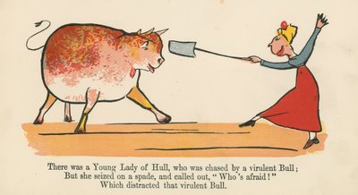 1875年にロンドンのフレデリックワーンアンドカンパニーが出版した「無意味の書」から、凶暴な雄牛に追われたハルの若い女性がいました。 作： Edward Lear