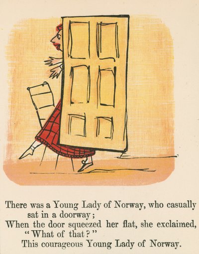 1875年頃、ロンドンのフレデリックウォーンアンドカンパニー発行の「A Book of Nonsense」から、戸口にさりげなく座っていたノルウェーの若い女性がいました。 作： Edward Lear