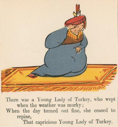 1875年にロンドンのフレデリックワーンアンドカンパニーが出版した 『A Book of Nonsense』から、天候が暗いときに泣いたトルコの若い女性がいました。 作： Edward Lear