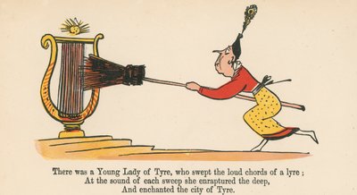 1875年にロンドンのフレデリックウォーンアンドカンパニーが発行した 『A Book of Nonsense』から、ライアの大きな和音を吹き飛ばした若い女性のタイヤがいました。 作： Edward Lear
