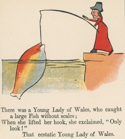 1875年頃にロンドンのフレデリックウォーンアンドカンパニー発行の 『A Book of Nonsense』から、鱗のない大きな魚を釣った若い女性のウェールズがいました。 作： Edward Lear