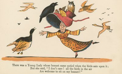 鳥がその上に座ったときにボンネットがほどかれた若い女性がいました、「A Book of Nonsense」、Frederick Warne and Co.、ロンドン発行、1875年 作： Edward Lear