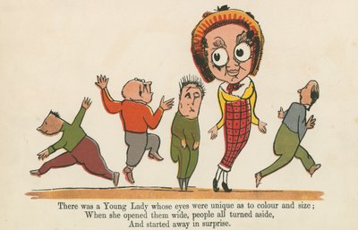 フレデリックウォーンアンドロンドン発行の「A Book of Nonsense」（1875年頃）から、色やサイズが独特の若い女性がいました。 作： Edward Lear