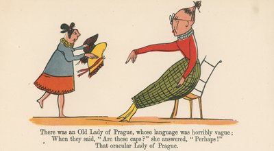 1875年頃、ロンドンのフレデリックワーンアンドカンパニー発行の 『A Book of Nonsense』から、言語がひどくあいまいだったプラハの老婦人がいました。 作： Edward Lear