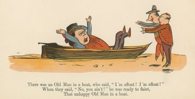 船に老人がいて、「私は浮かんでいる！ I&39;m afloat！」、「A Book of Nonsense」、フレデリックウォーンアンドロンドン発行、1875年 作： Edward Lear