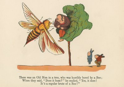 1875年にロンドンのフレデリックワーンアンドカンパニーから出版された「A Book of Nonsense」から、ハチにひどく退屈した老人が木の中にいました。 作： Edward Lear