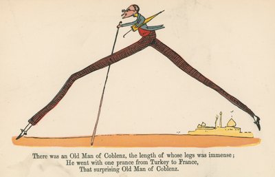 1875年にロンドンのフレデリックウォーンアンドカンパニーから出版された「A Book of Nonsense」から、脚の長さが途方もないコブレンツの老人がいました。 作： Edward Lear