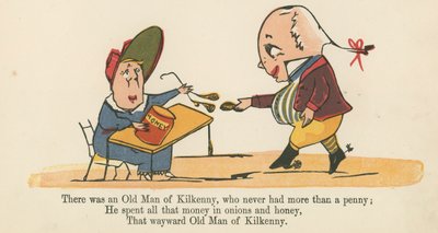 1875年頃にロンドンのフレデリックウォーンアンドカンパニーから出版された「A Book of Nonsense」から、1ペニーを超えることのなかったキルケニーの老人がいました。 作： Edward Lear