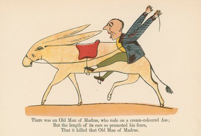 1875年にロンドンのフレデリックウォーンアンドカンパニー発行の「A Book of Nonsense」から、クリーム色の尻に乗ったマドラスの老人がいました。 作： Edward Lear