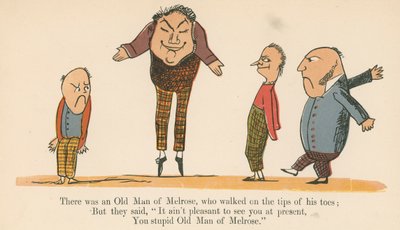 1875年にロンドンのフレデリックウォーンアンドカンパニーが出版した「無意味の書」から、つま先の先を歩くメルローズの老人がいました。 作： Edward Lear