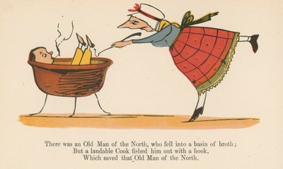 1875年にロンドンのフレデリックウォーンアンドカンパニー発行の「A Book of Nonsense」からブロスの流域に落ちた北の老人がいました。 作： Edward Lear