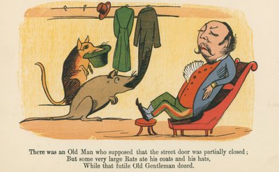 1875年頃にロンドンのフレデリックウォーンアンドカンパニー発行の「A Book of Nonsense」から、通りのドアが部分的に閉まっていると思っていた老人がいました。 作： Edward Lear