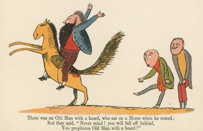1875年頃、ロンドンのフレデリックワーンアンドカンパニー発行の「無意味の書」から、飼育時に馬に乗ったひげの老人がいました。 作： Edward Lear