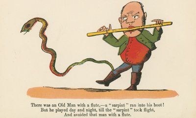 フルートを持つ老人がいた-「サーピント」が彼のブーツに走り込んだ！、「A Book of Nonsense」、Frederick Warne and Co.、ロンドン発行、c.1875 作： Edward Lear