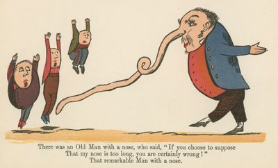 1875年頃にロンドンのフレデリックウォーンアンドカンパニー発行の 『A Book of Nonsense』から「もしあなたが仮定するなら」と言う、鼻のある老人がいました。 作： Edward Lear