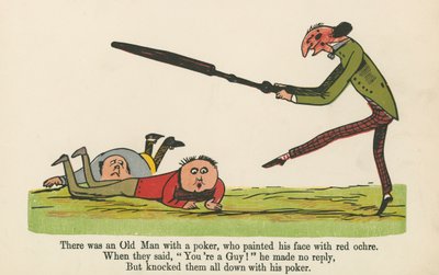 フレデリックウォーンアンドロンドン発行の「A Book of Nonsense」から、ポーカーを持った老人が顔に赤い黄土色を塗っていました。1875年頃 作： Edward Lear