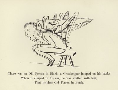 黒の老人がいて、グラスホッパーが背中にジャンプした 作： Edward Lear