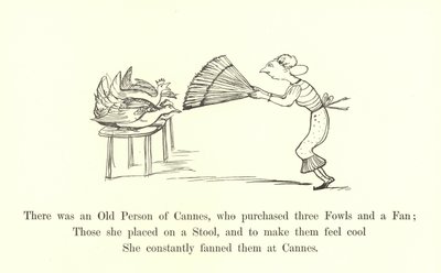 カンヌの老人がいて、三羽の鳥と扇子を購入しました 作： Edward Lear