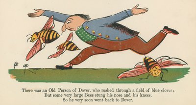 1875年頃にロンドンのフレデリックウォーンアンドカンパニー発行の 『A Book of Nonsense』から、ブルークローバーの畑を駆け抜けたOlder of Doverがいました。 作： Edward Lear