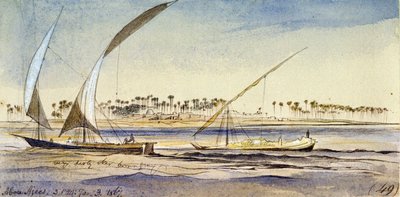 ナイル川を航行する2隻のエジプト船（ヌガーとジェム）。水彩画 作： Edward Lear