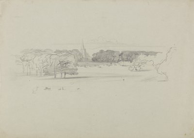 牧草地を隔てて見える教会 作： Edward Lear