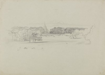 牧草地から教会にかけての眺め、1834年（緑の重い織り紙のグラファイト） 作： Edward Lear